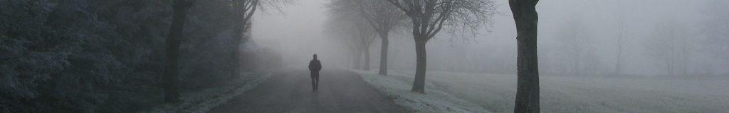 Single figure walking away from the camera down a foggy road.